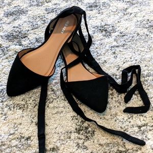 Black pointed ankle wrap flats